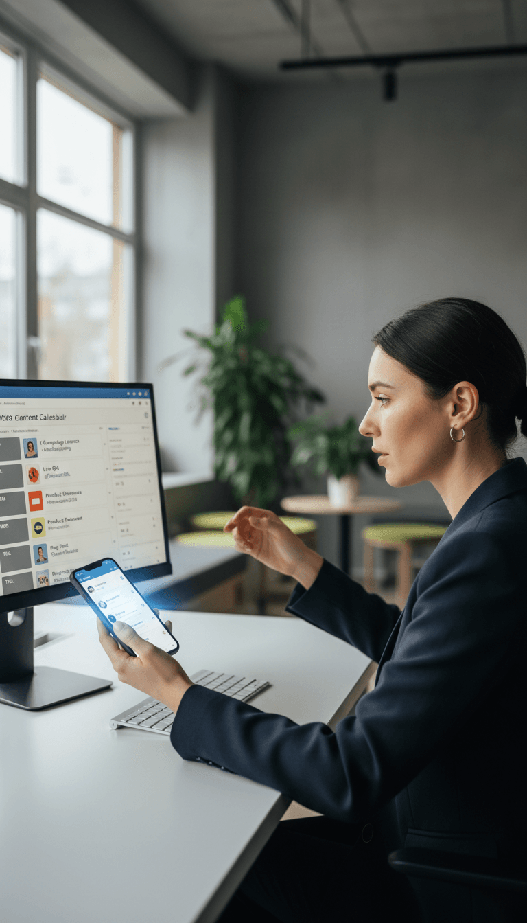 Social media strategist reviewing content on smartphone and desktop monitor in modern office Social media strategist reviewing content on smartphone and desktop monitor in modern office